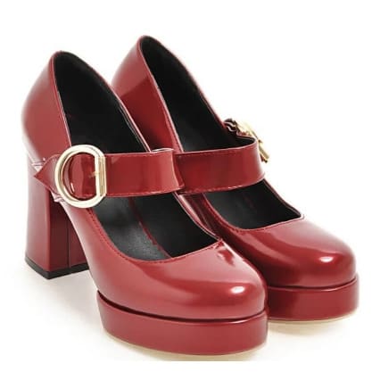 Patent Leather Wide Belt Buckle Block Heels Cover shoe