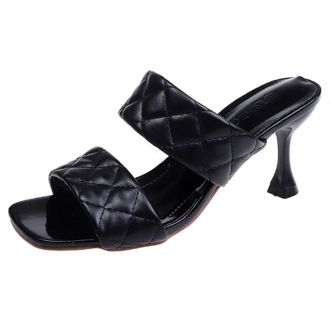 Stitched Leather Pencil Heel Open Toes Slippers - Black
