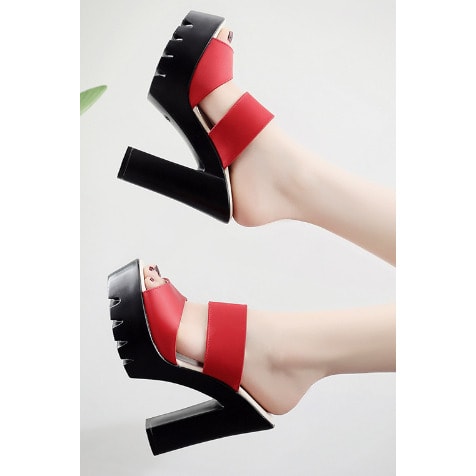 Solid Thick Sole Microfiber Leather Platform Slipper-RED