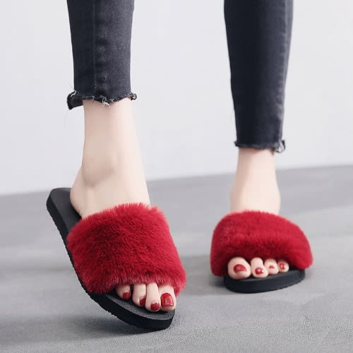 Faux Fur Slide  Slippers - Red