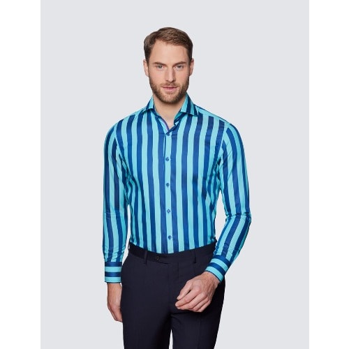Men's Curtis Turquoise & Navy Bold Strip Slim Fit Shirt - High Collar