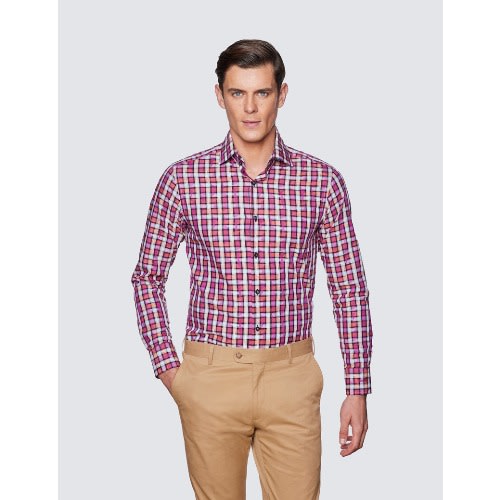 Men's Curtis Orange & Pink Multi Check Slim Fit Shirt – Low Collar