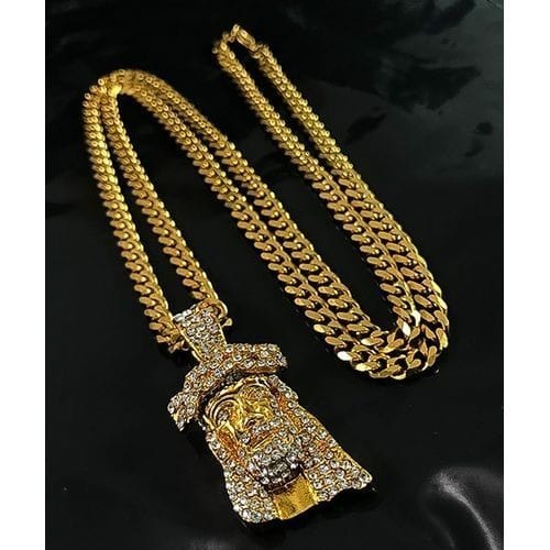 Gold Cuban Link Chain With Jesus Piece 05 Pendant