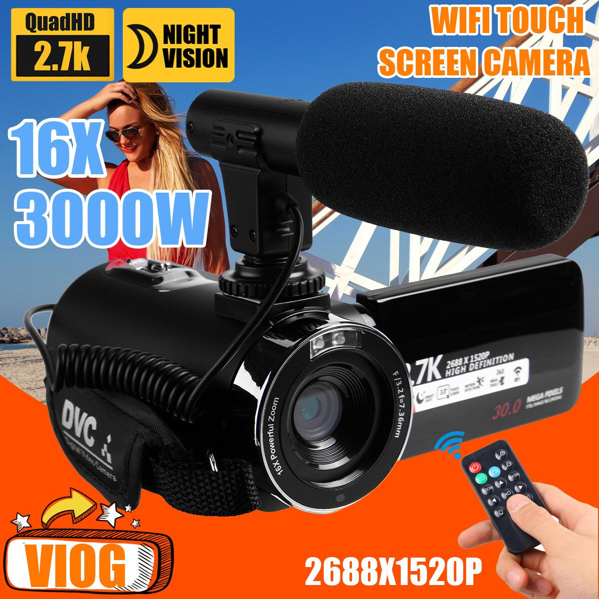 1080P HD 30.0MP Touch Screen Camcorder Video Camera Ultra Wi-Fi Digital Camera Night Vision 16X Digital Zoom Recorder With/ Without External Microphone Ｏnly Microphone