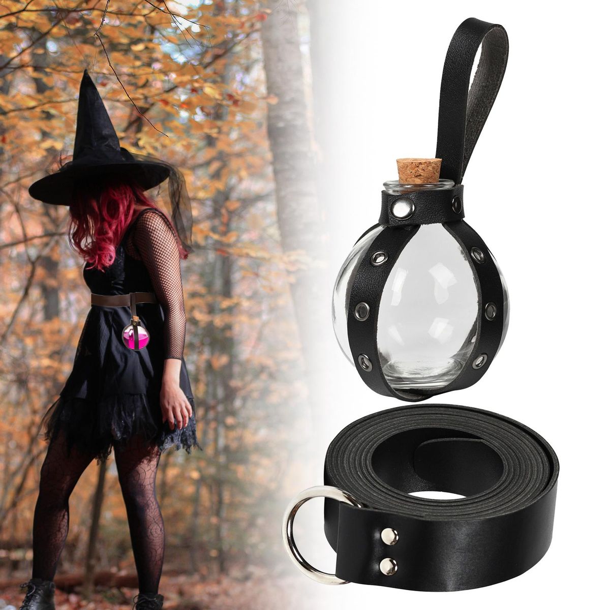 Belt PU Leather Belt With Potion Bottle Rings Black