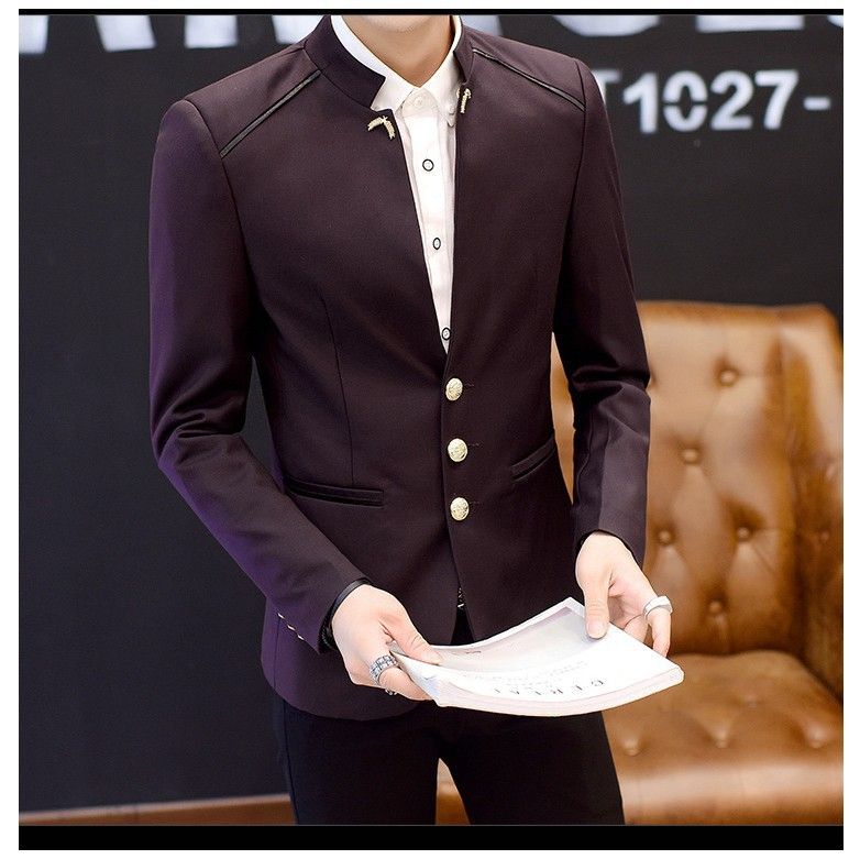 Stand Collar Slim Suit Men's Wedding Dress - Red Wine