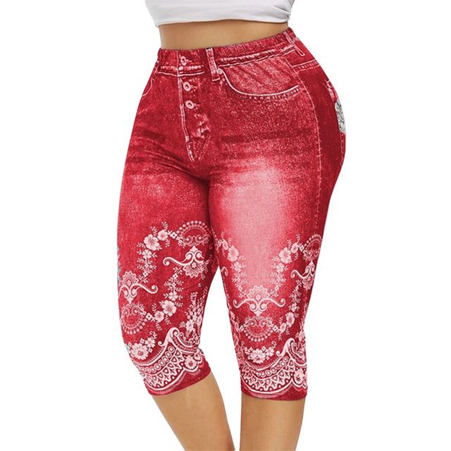 Printed False Denim Yoga Pant 3\\4 Women Jeans Leggings High Waist Breeches Pants Super Elastic Jeggings Plus Size 5XL(#Style 1--Color 4)
