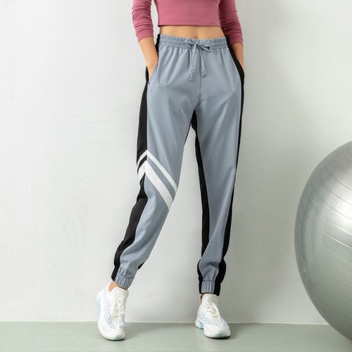 Women Jogger Pants Hit Color Patchwork Sport Running Trousers Loose Thin Stripe Gym Sweatpants Elastic Baggy Harem Pant For Yoga(#LW-YDK10 BlackGray)