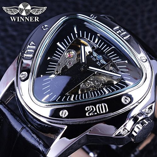 Winner GMT996 Creative Racing Design Triangle Design Silver Skeleton Dial Mens Watch Top Brand Luxury Automatic Mechanical Watch Clock