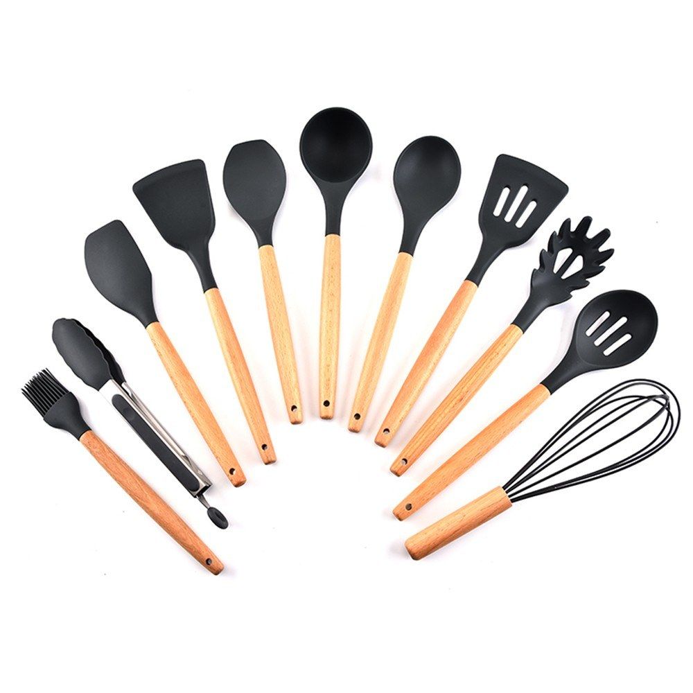 Silicone Kitchen Utensil Set 11 Pcs Beech Wooden Handle