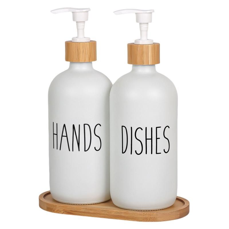 White Glass Soap Dispenser Set: 500ml With Wood Tray For Hom