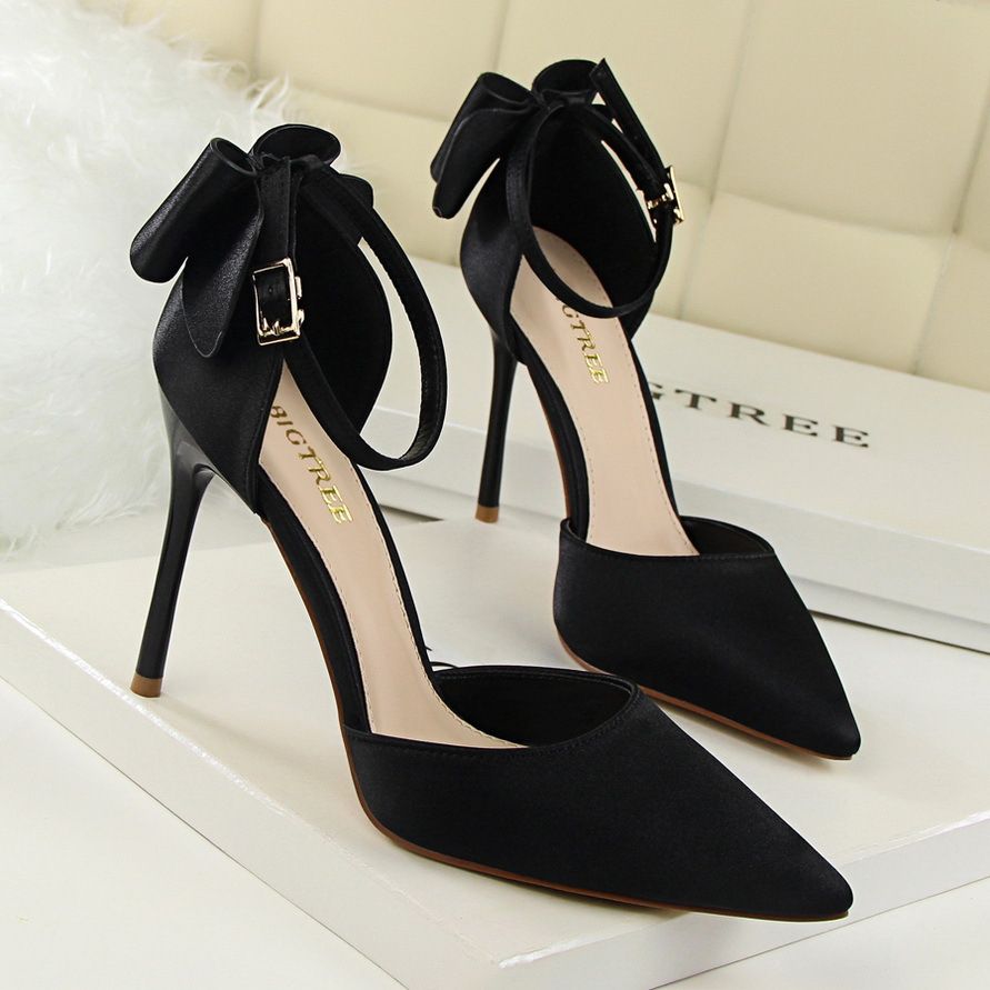 Ladies Bow Stiletto Satin High Heels Pointed Pumps  - Black