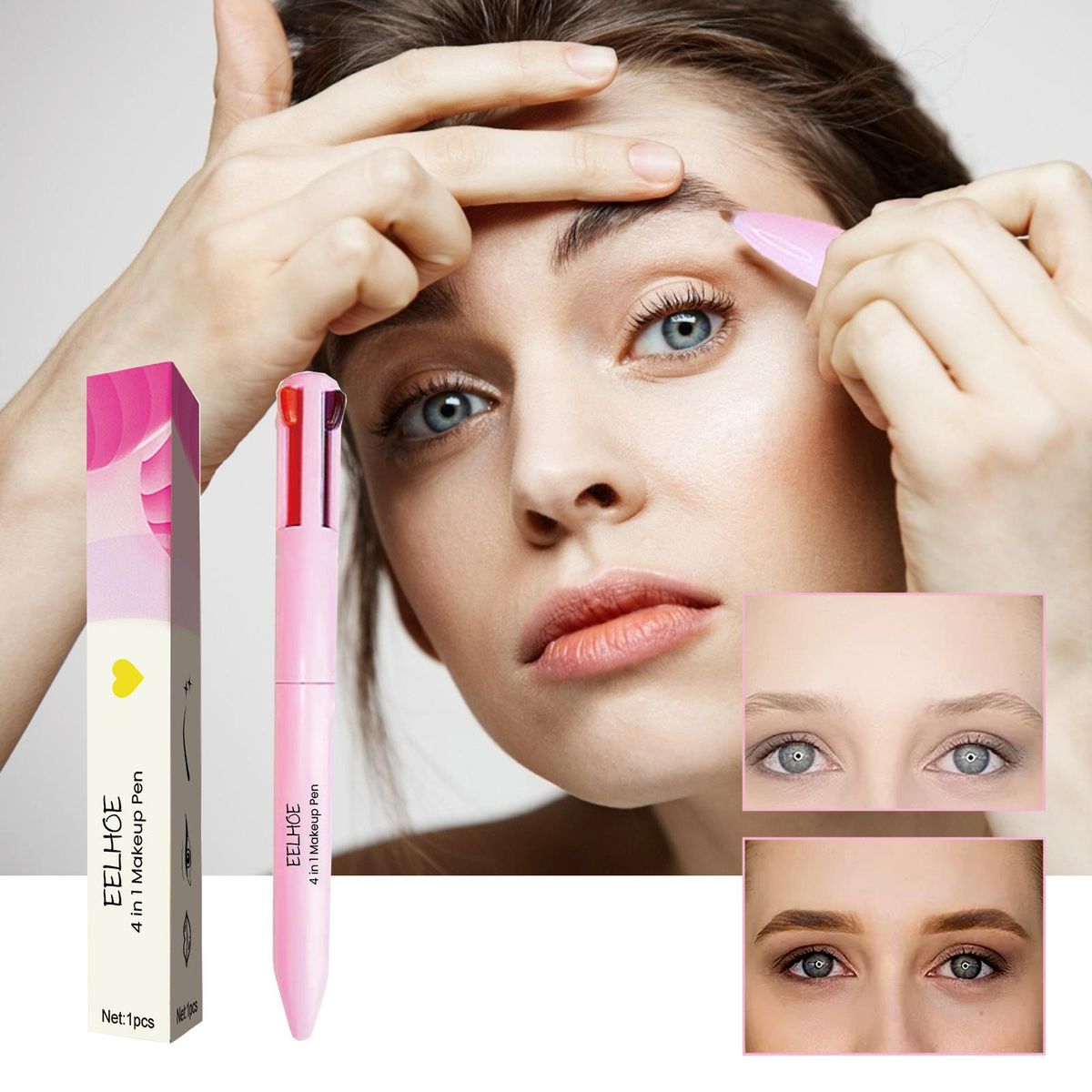 Eelhoe 4-in-1 Cosmetic Brush Eyeliner Eyebrow Pencil Lip Liner Fluorescent Pen 4-in-1 Multifunctional Portable Makeup Pen