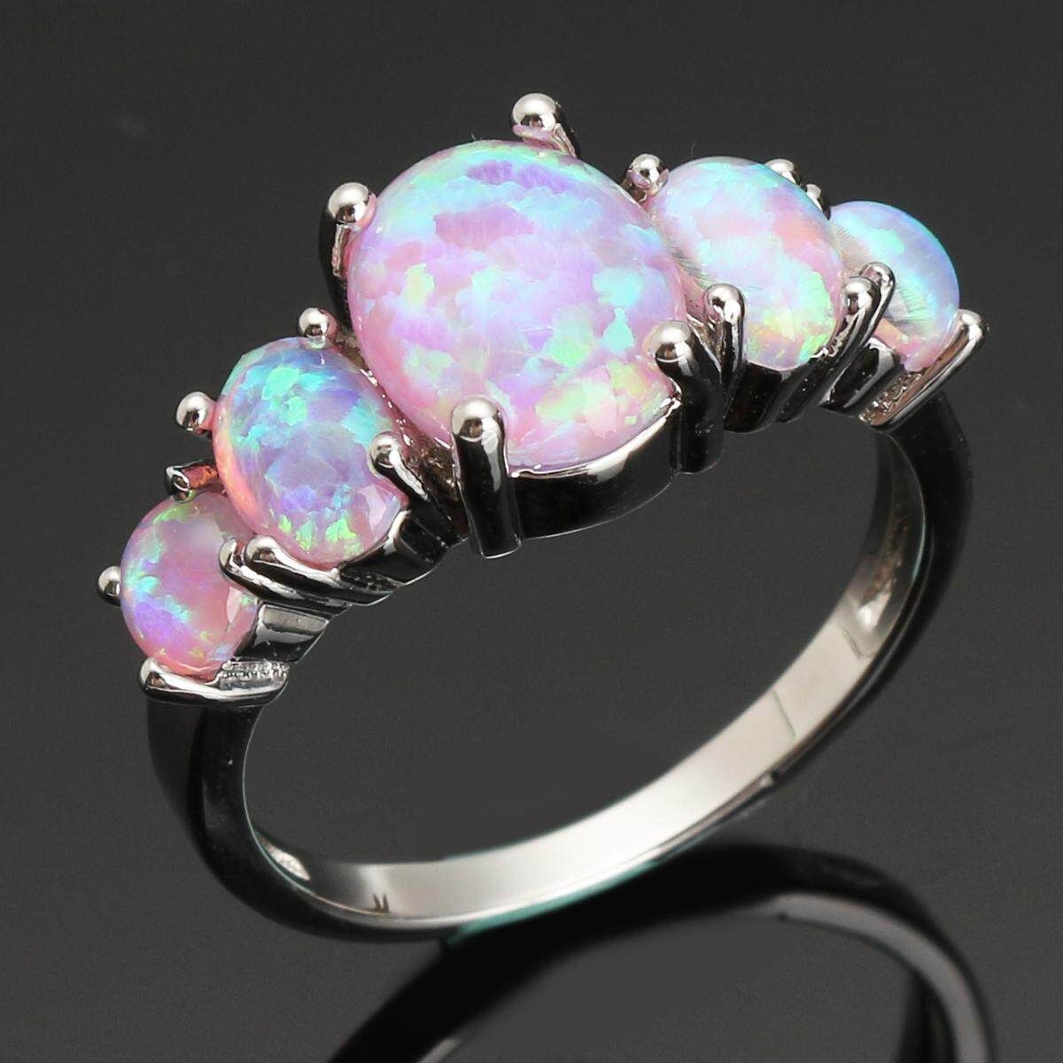 Luxury Blue Opal Women Wedding Jewelry Gemstone Silver Ring Size 6 Six