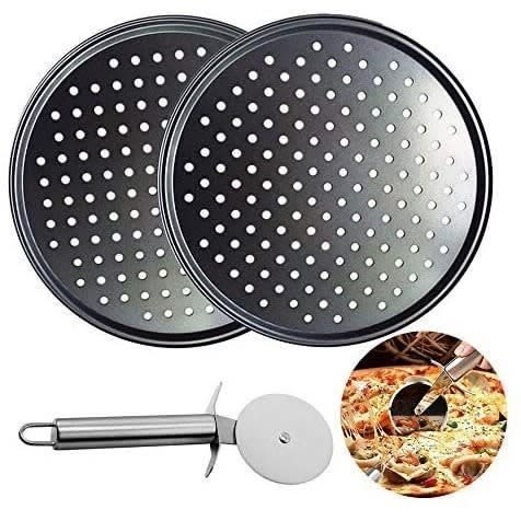 Set Of Pizza Pan With Holes And Pizza Cutter - 2 Pieces