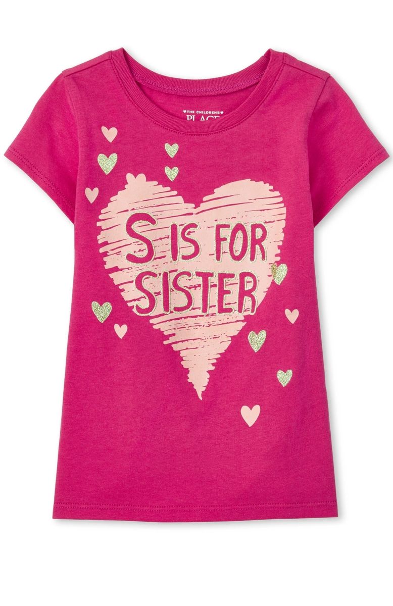 Girls Sisters Glitters Graphic Top- Fuchsia Pink