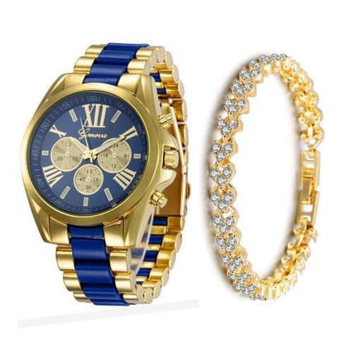 2 In 1 Stainless Steel Ladies Women Female Wrist Watch And Bracelet-Blue/Gold