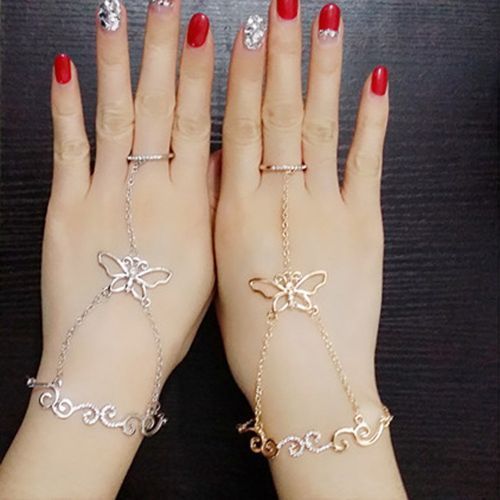 Women's Hand Jewelry Butterfly Flower Vine Diamond-studded Bracelet Ring Chain