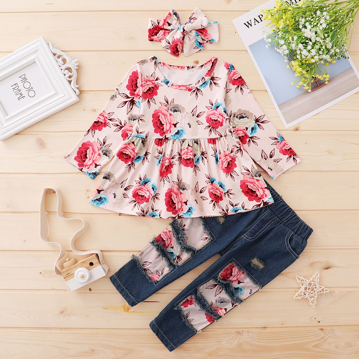 0-4Y Baby Girls Spring Autumn Floral Long Sleeves Blouse Ripped Jeans