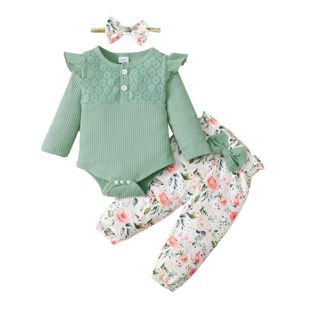 0-18 Months Infant Baby Girl 3PCS Set/Ribbed Long Sleeve Bodysuit+Pants+Headwear