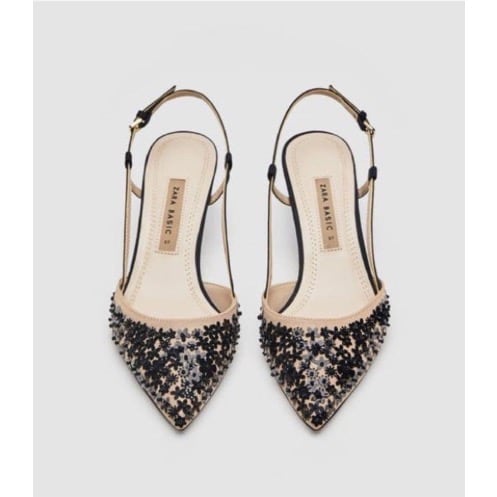 Nude Sequinned Sling Back Heels