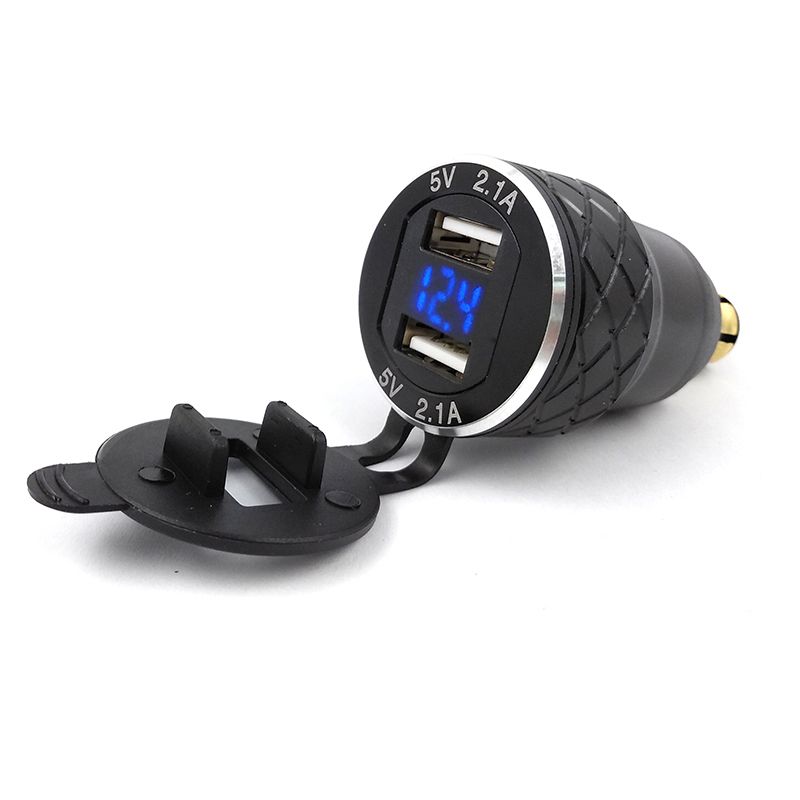 （Black）4.2A Aluminum Dual USB Moto Cigarette  Socket For BMW Hella/DIN Plug Motorcycle Charger LED Display Power Outlet Adapter
