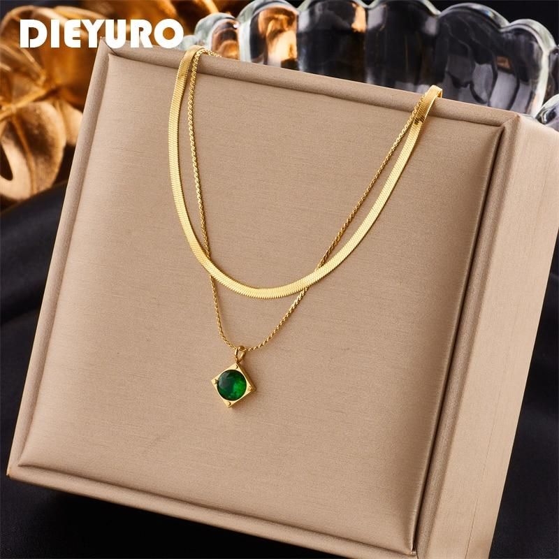 DIEYURO 316L Stainless Steel Green Zircon Pendant Necklace For Women Fashion Luxury Gold Color 2in1 Chain Girl Neck Jewelry Gift