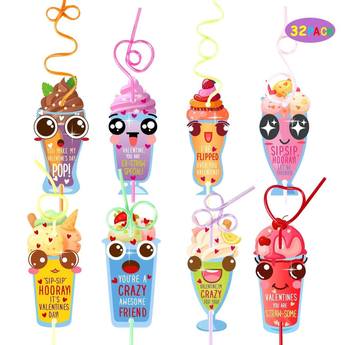 Valentines Day Cards for kids 32 Set Crazy Straws Bulk Exchange Cards for Girls Boys Toddlers School Class Party Favors