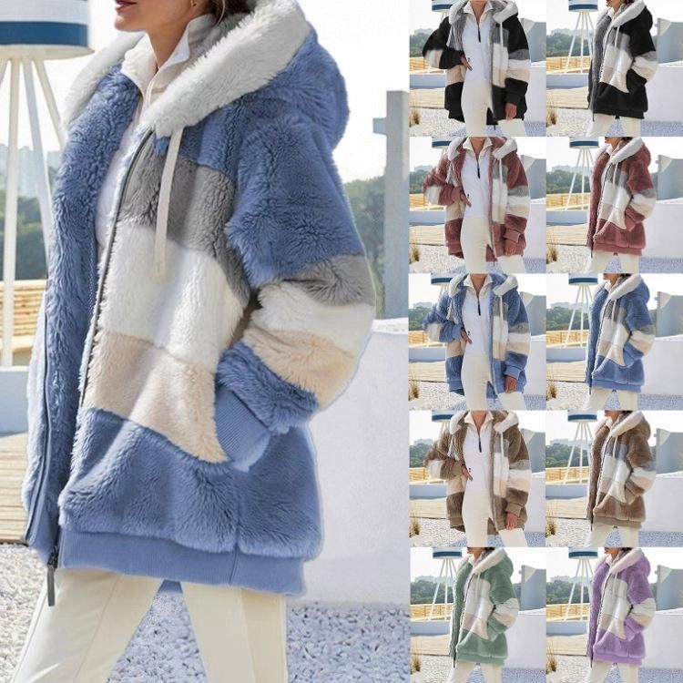 2023 Autumn/Winter Warm Plush Panel Zip Pocket Hooded Loose Coat Women