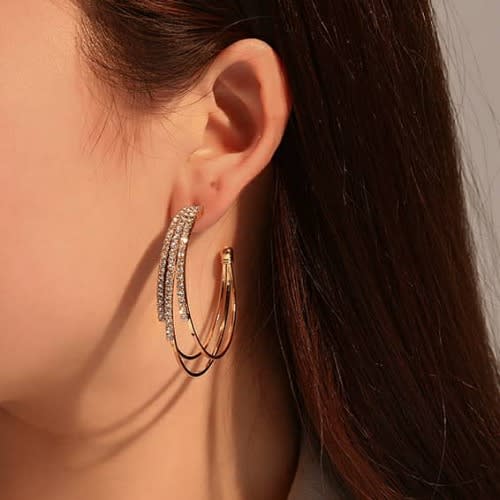 Hoop Round Rhinestone Earring- 3 Layers- Gold.