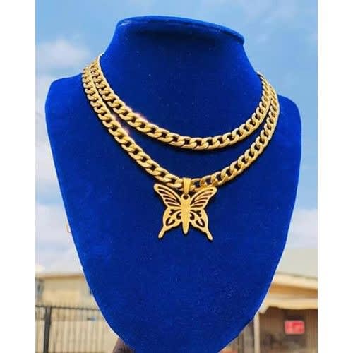 Two Chain Cuban With Butterfly Pendant -Gold