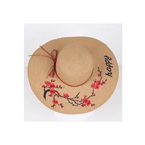 Pvc Happy Floral Embroidered Wide Brim Sun Hat - Brown