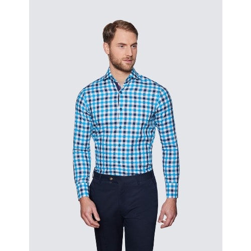 Men's Curtis White & Blue Check Slim Fit Shirt - High Collar