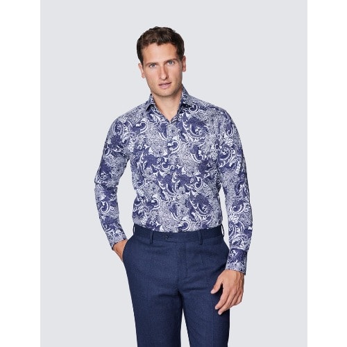 Men's Curtis Navy & White Paisely Print Cotton Stretch Shirt - High Collar