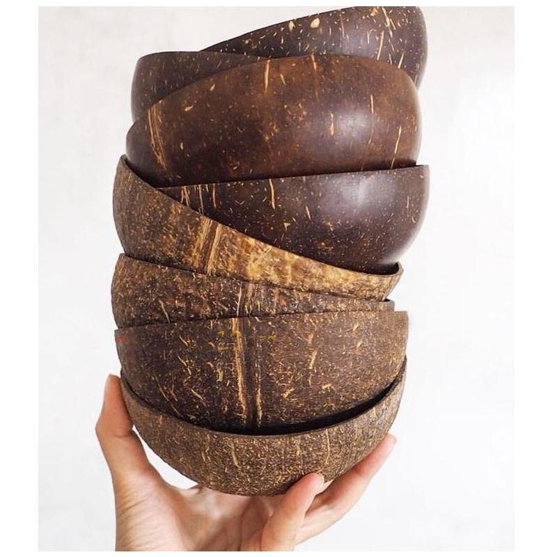 12PCS  15cm Natural Coconut Bowl Set Handmade Coconut Shell Tableware Wood Spoon Dessert Fruit Salad Mixing Bowl Rice Ramen Bowl