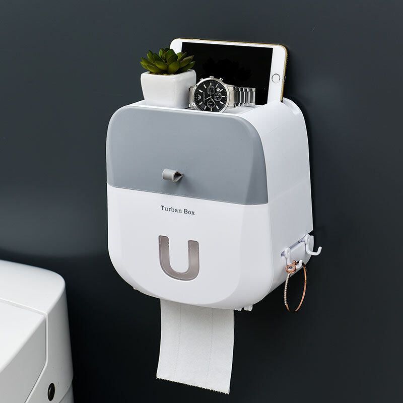 Wall Mounted Toilet Roll Holder Drawer Bathroom Tissue Paper Box Rack Waterproof Grey