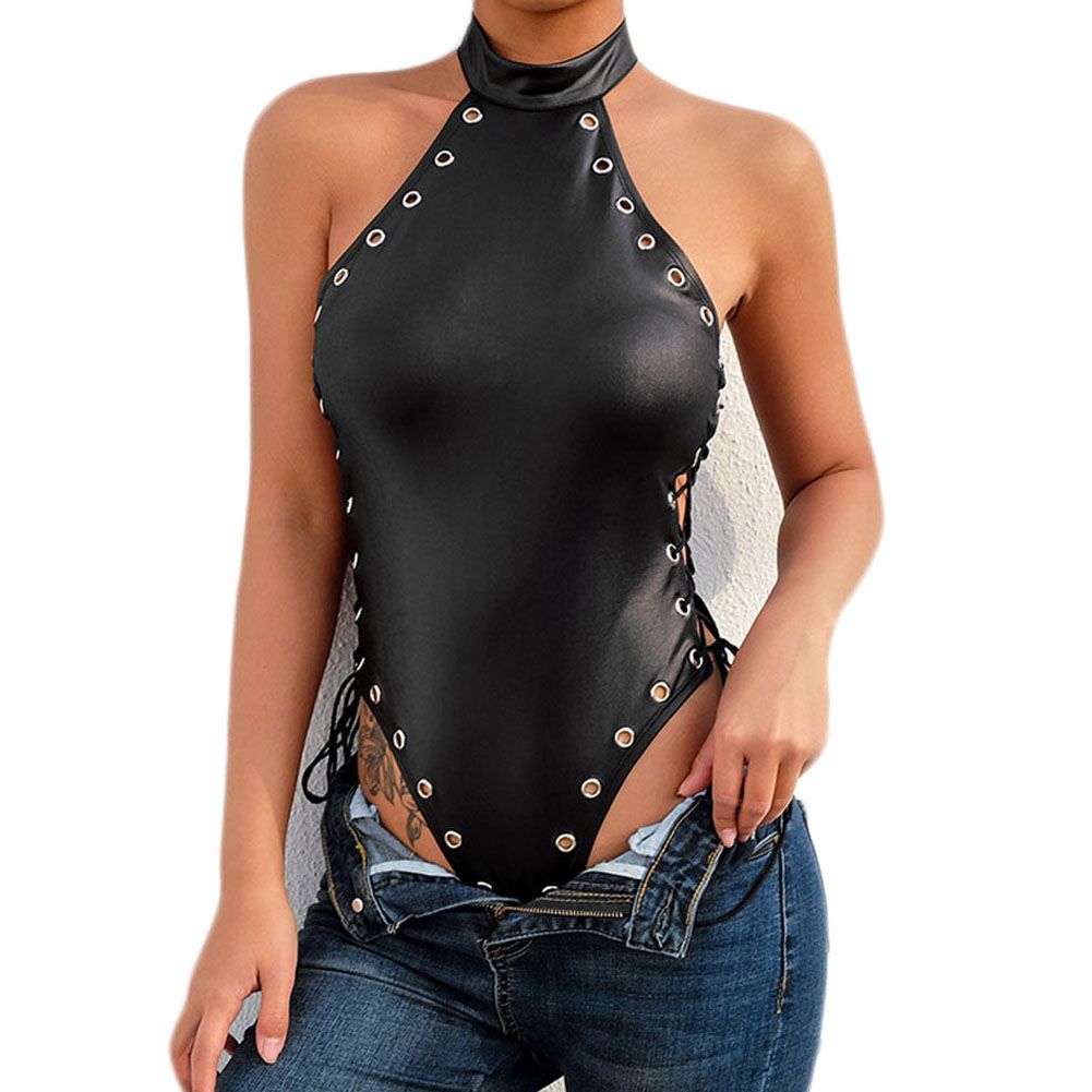 Women's Sexy Open Crotch Bodysuit Faux Leather Clubwear