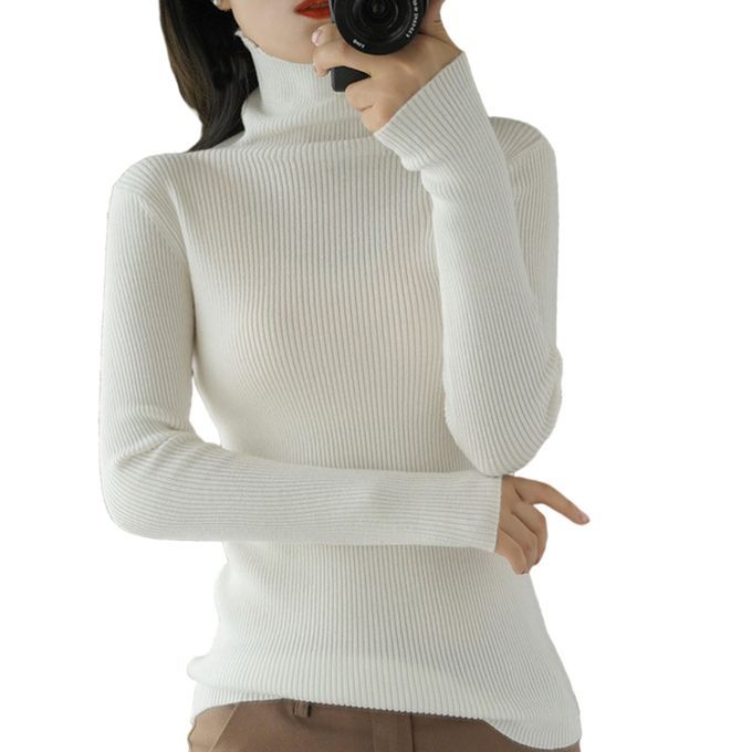 Womens Knit High Neck Sweater Casual Slim Long Sleeve Jumper White L