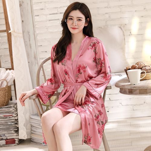 Sleeping Wear Sets Women Robe Ice Silk Nightdress Pajama Set Plus Size