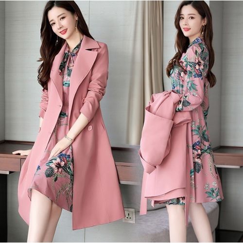 Clearance Spring Ladies Dress Suits For Office Wear Long Trench Coat-Pink