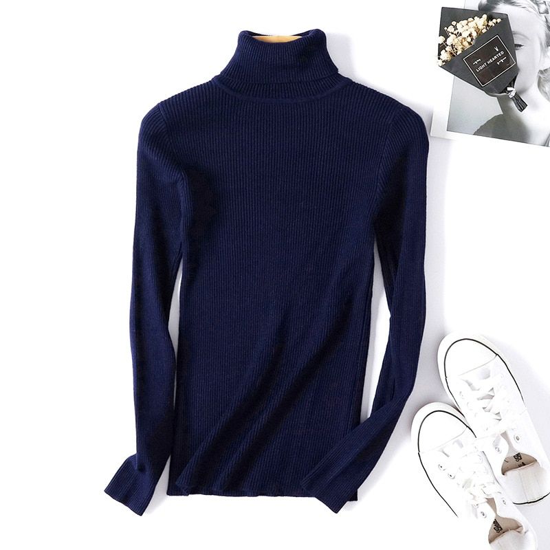 New Winter Women Knitted  Sweater Turtleneck Casual Soft Polo-neck Fashion Slim Elasticity Pullovers(#Drak Blue)