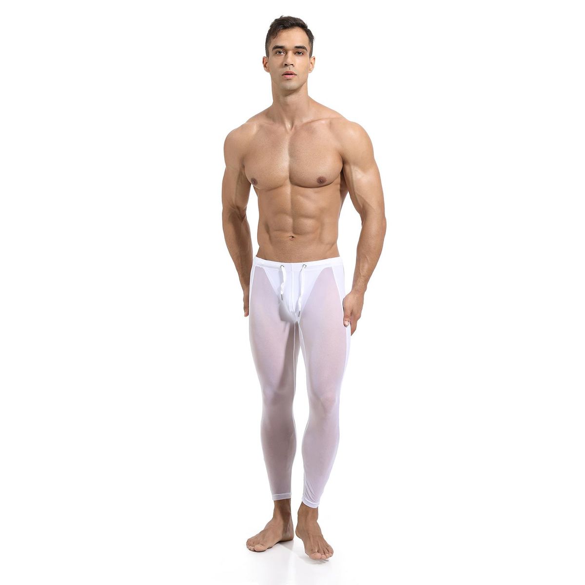 Transparent Sports Meshs for Mens Pure Color Breathable Leggings Adjusted for Gymnastics Training and Cycling Elastic Waist with Lace