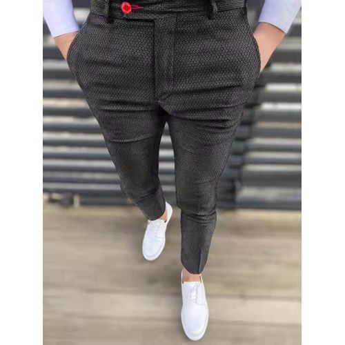 Retro Circle Printed Men's Pencil Pants Spring Mid Waist Slim Fit Beltless