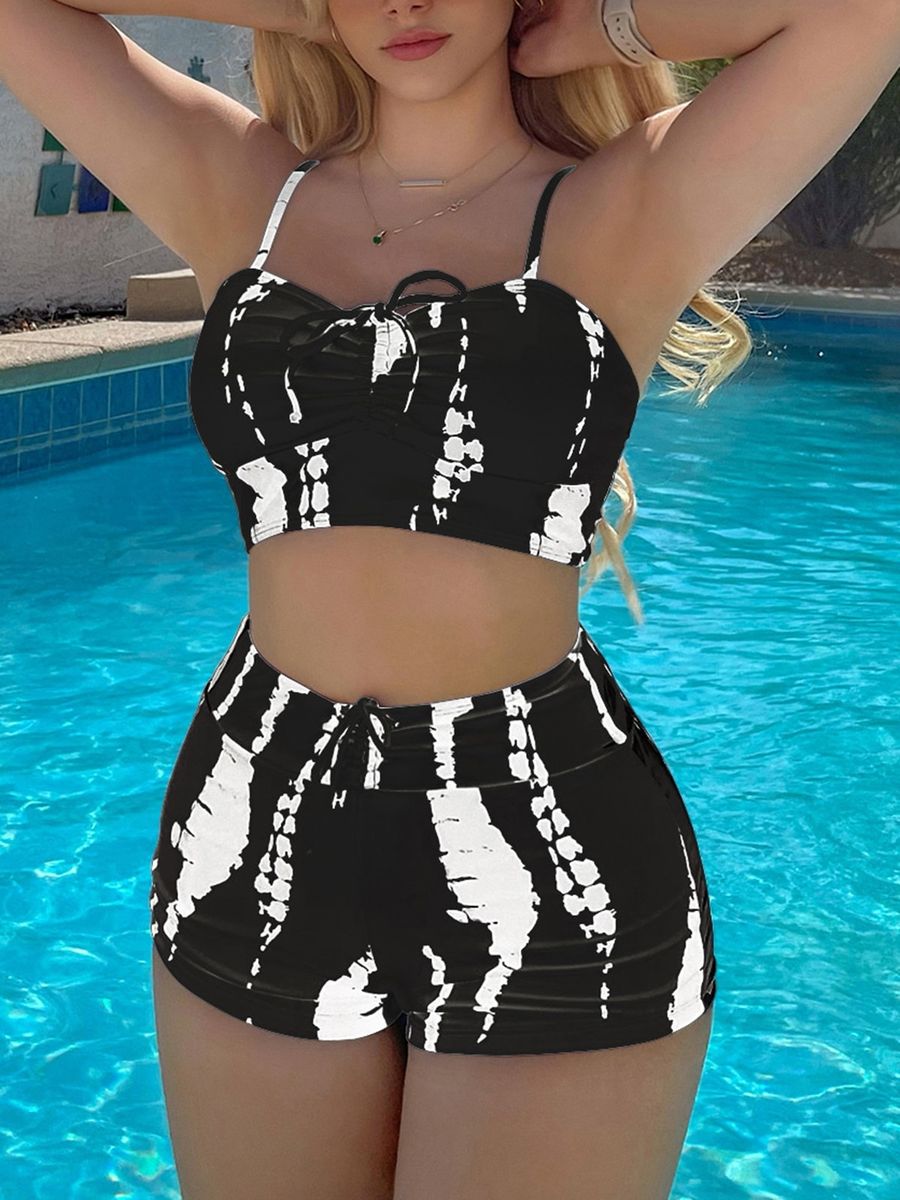 2022 Tie Dye Bikini Drawstring Swimsuit Women High Waist Shorts Swimwear Female