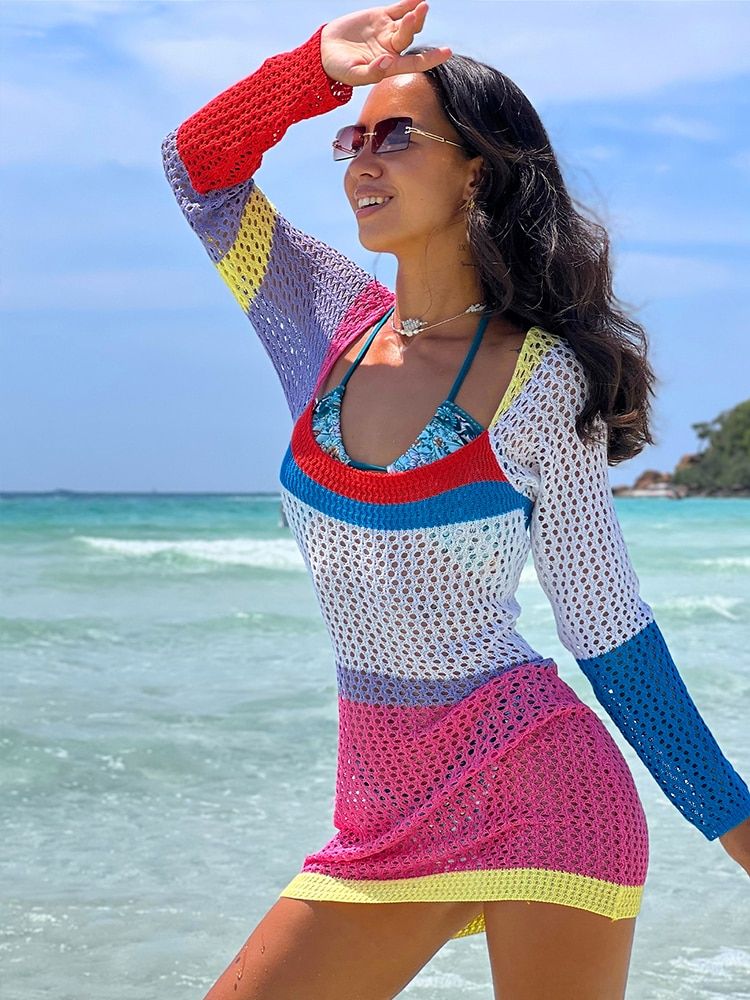 Colorful Y  Hollow Out Beach Dresses For Women 2022 Long Sleeves Beach Dress