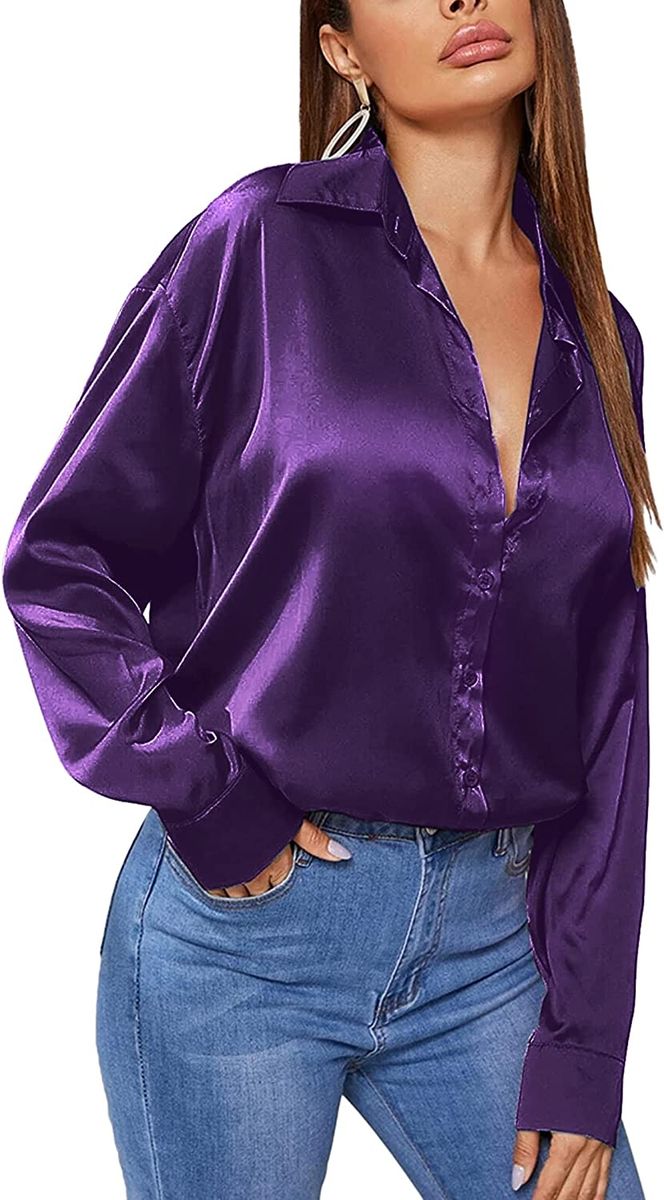 Purple Button Down Satin Silk Shirt Long Sleeve Ladies Women Top Blouse