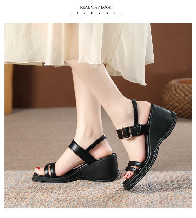 Open Toes Wedge  Heels Sandals-Black