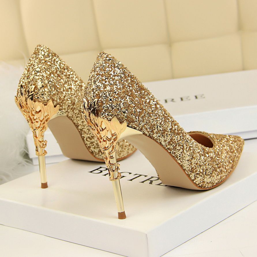 Ladies Heels Metallic Carved Sequins Sandals Gold