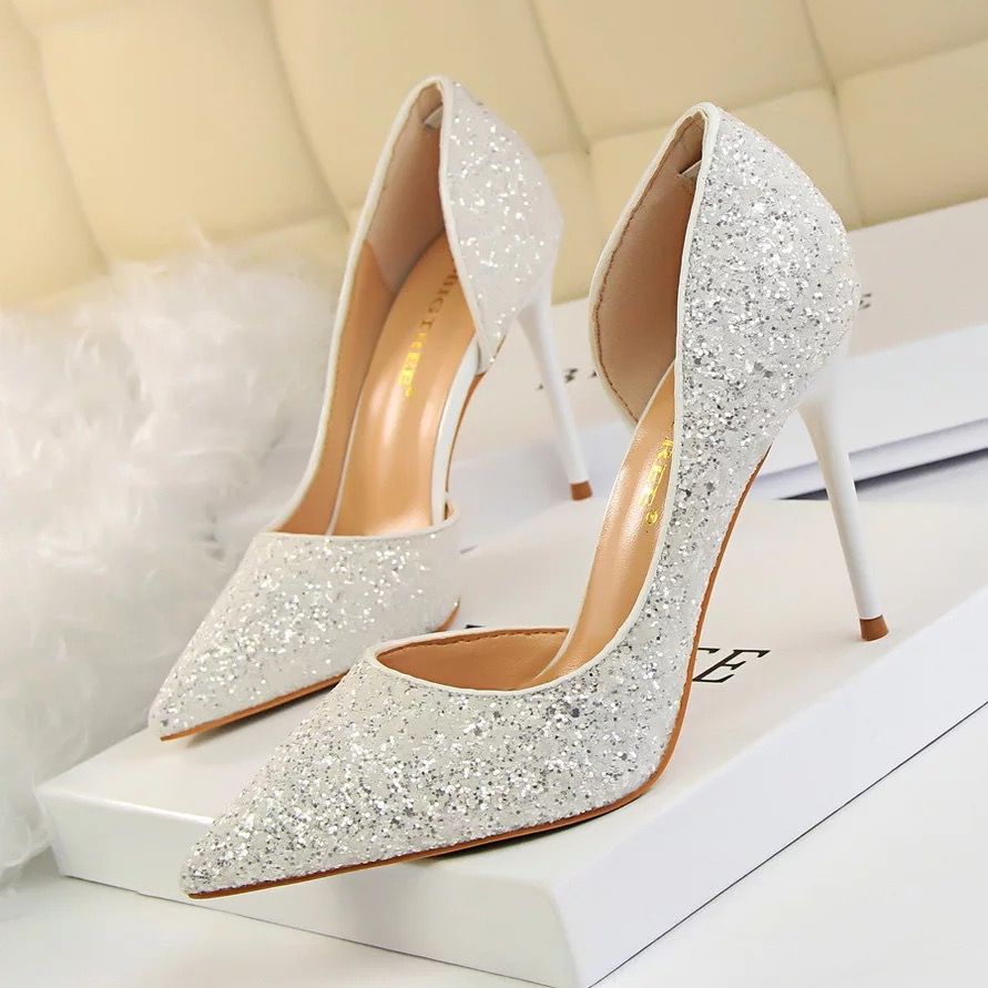 Ladies Sexy Shiny Stilettos High Heels Pointed Pumps  - White