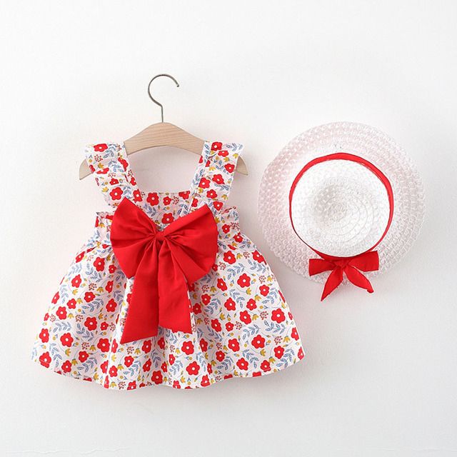 Newborn Infant Dresses Hat Floral Bowknot Sleeveless Dress
